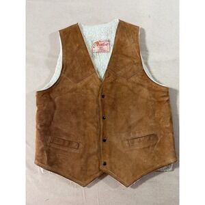 Excelled Vintage Mens 42 Suede Leather Western Vest Sherpa Lined Tan Made in USA